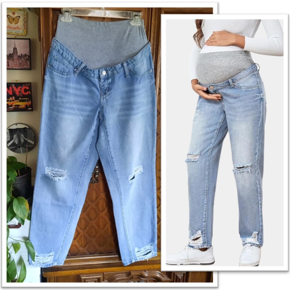 SHEIN Distressed Maternity Boyfriend Jeans - Lightwash, Sz S/4